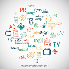 Image showing Multicolor doodles Hand Drawn Marketing Icons set on White. EPS10 vector illustration.