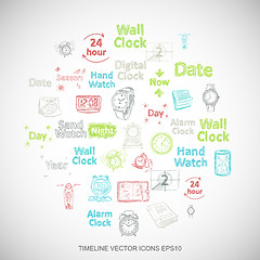 Image showing Multicolor doodles Hand Drawing Time Icons set on White. EPS10 vector illustration.