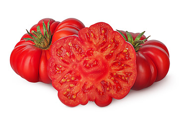 Image showing Whole and part of heirloom tomatoes