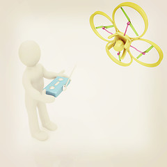 Image showing 3d man with drone, quadrocopter, with photo camera. 3d render. 3