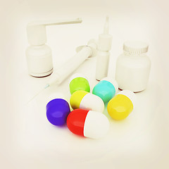 Image showing Syringe, tablet, pill jar. 3D illustration. Vintage style.