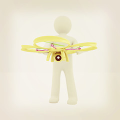 Image showing 3d man with drone, quadrocopter, with photo camera. 3d render. 3