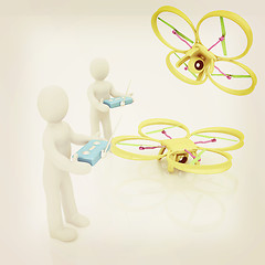 Image showing 3d man with drone, quadrocopter, with photo camera. 3d render. 3