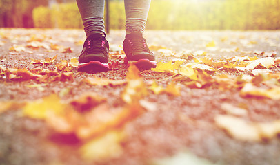 Image showing close up of young woman running in autumn park