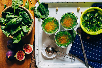 Image showing Green smoothies with leaves of fresh mint