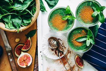 Image showing Green smoothies with leaves of fresh mint