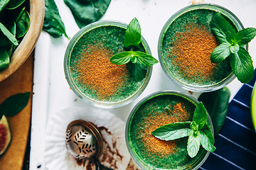 Image showing Green smoothies with leaves of fresh mint