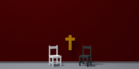 Image showing two chairs and christian cross - 3d rendering