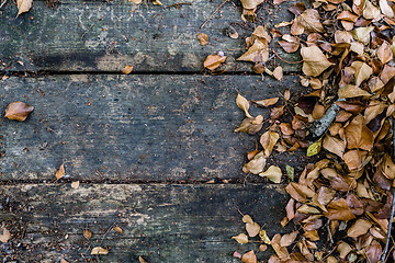 Image showing Background with old wooden table and yellow autumnal leaves