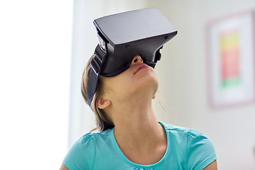 Image showing happy girl in vr headset or 3d glasses at home