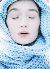 Image showing beauty young blond woman in scarf with weathered lips close up isolated