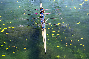 Image showing Ladies fours rowing team in race on the lake