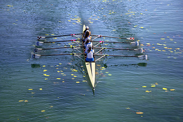 Image showing Ladies fours rowing team in race on the lake