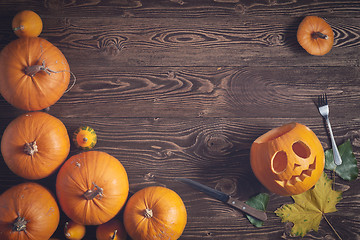 Image showing Halloween pumpkin man with knife and fork