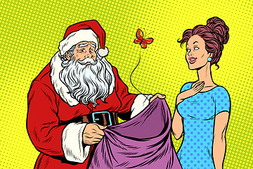 Image showing Joyful Santa Claus without gifts and beautiful woman