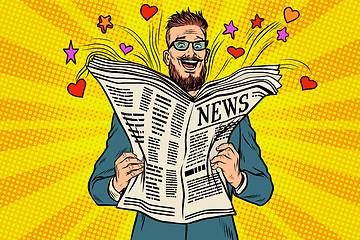 Image showing happy hipster reads the newspaper news