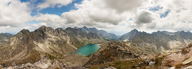 Image showing Panoramic photo of Velke Hincovo Pleso lake valley in Tatra Mountains, Slovakia, Europe