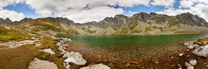Image showing Panoramic photo of Velke Hincovo Pleso lake valley in Tatra Mountains, Slovakia, Europe