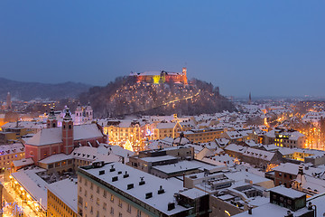 Image showing Aerial panoramic view of Ljubljana decorated for Christmas holidays, Slovenia, Europe.