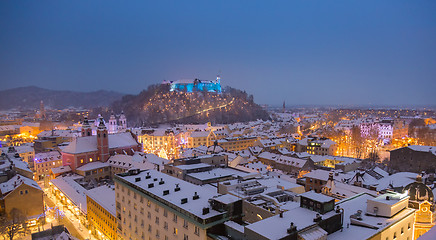 Image showing Aerial panoramic view of Ljubljana decorated for Christmas holidays, Slovenia, Europe.