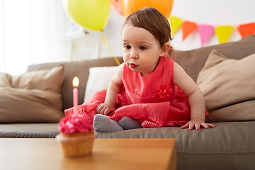 Image showing girl blowing to candle on birthday cupcake at home