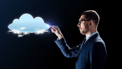 Image showing businessman working with virtual cloud hologram