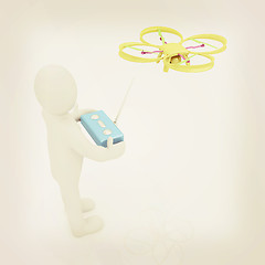 Image showing 3d man with drone, quadrocopter, with photo camera. 3d render. 3