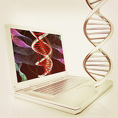 Image showing Laptop with dna medical model background on laptop screen. 3d il