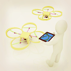 Image showing 3d white people. Man flying a white drone with camera. 3D render