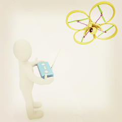 Image showing 3d man with drone, quadrocopter, with photo camera. 3d render. 3