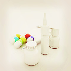 Image showing Syringe, tablet, pill jar. 3D illustration. Vintage style.