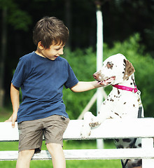 Image showing little cute boy with dalmatian dog