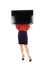 Image showing Woman with TV over face.