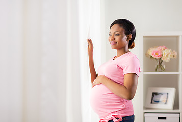 Image showing happy pregnant woman with big belly at home