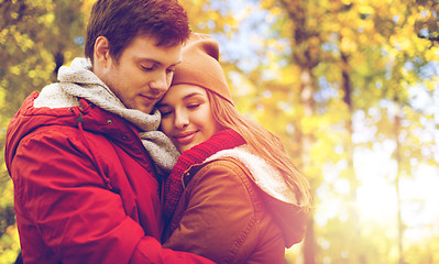 Image showing close up of happy couple hugging in autumn park