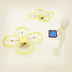 Image showing 3d white people. Man flying a white drone with camera. 3D render