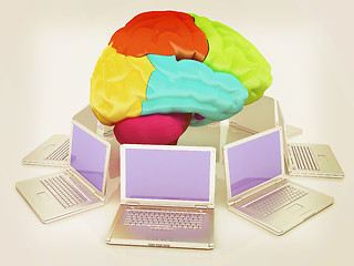 Image showing Computers connected to central brain. 3d render. Vintage style.