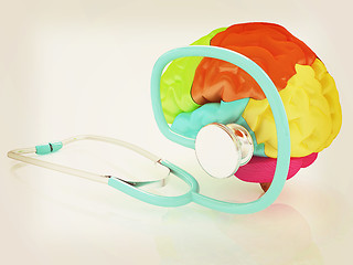 Image showing stethoscope and brain. 3d illustration. Vintage style.
