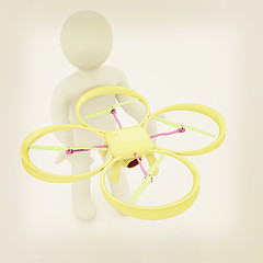 Image showing 3d man with drone, quadrocopter, with photo camera. 3d render. 3