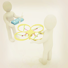 Image showing 3d man with drone, quadrocopter, with photo camera. 3d render. 3