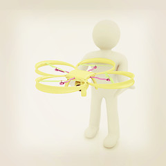 Image showing 3d man with drone, quadrocopter, with photo camera. 3d render. 3