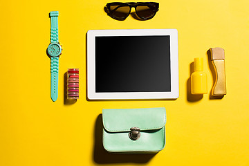 Image showing Still life of fashion woman, objects on yellow