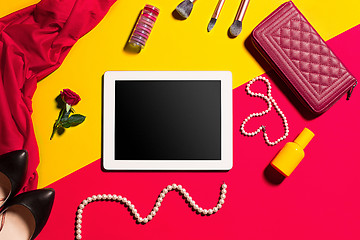 Image showing Still life of fashion woman, objects on yellow table