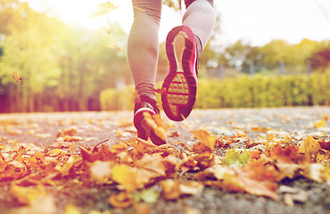 Image showing close up of young woman running in autumn park