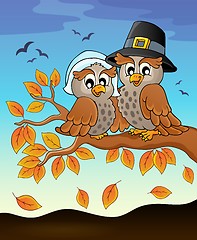 Image showing Happy Thanksgiving owls on branch