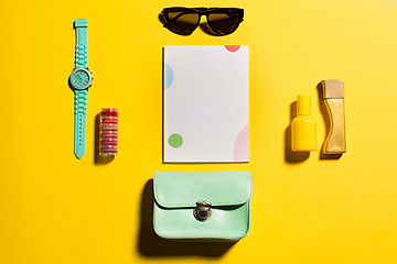 Image showing Still life of fashion woman, objects on yellow