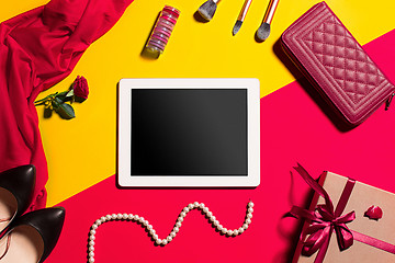 Image showing Still life of fashion woman, objects on yellow table