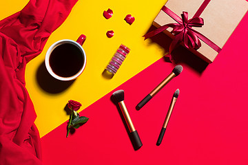 Image showing Still life of fashion woman, objects on yellow table