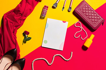 Image showing Still life of fashion woman, objects on yellow table