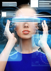 Image showing woman in virtual reality 3d glasses with charts